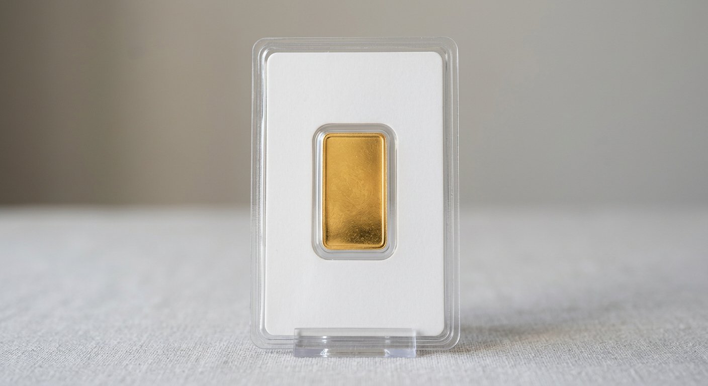 Illustrative render of recognized mint 5 gram gold bar .9999, not a photo of the exact product