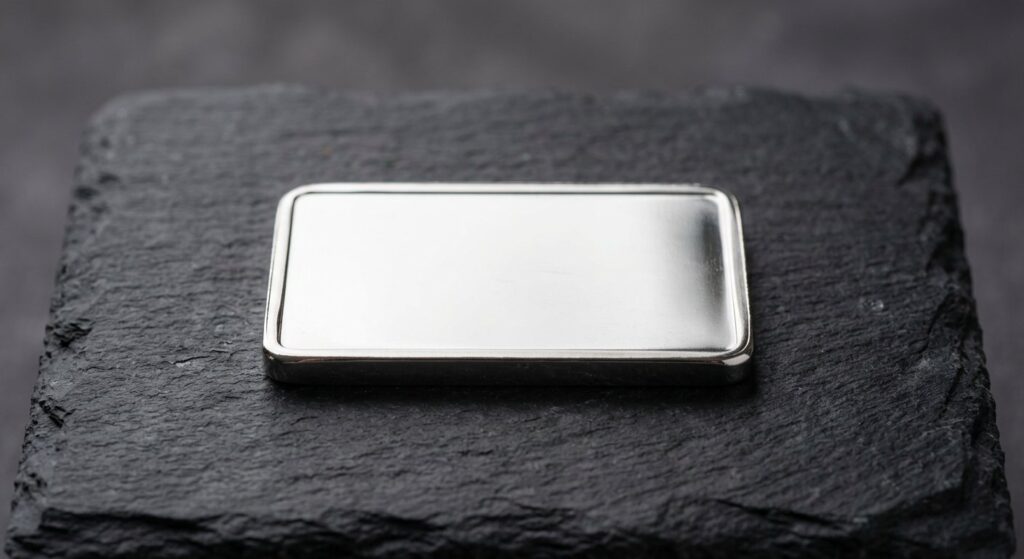 Illustrative render of 100 g platinum minted tablet for sale, not a photo of the exact product