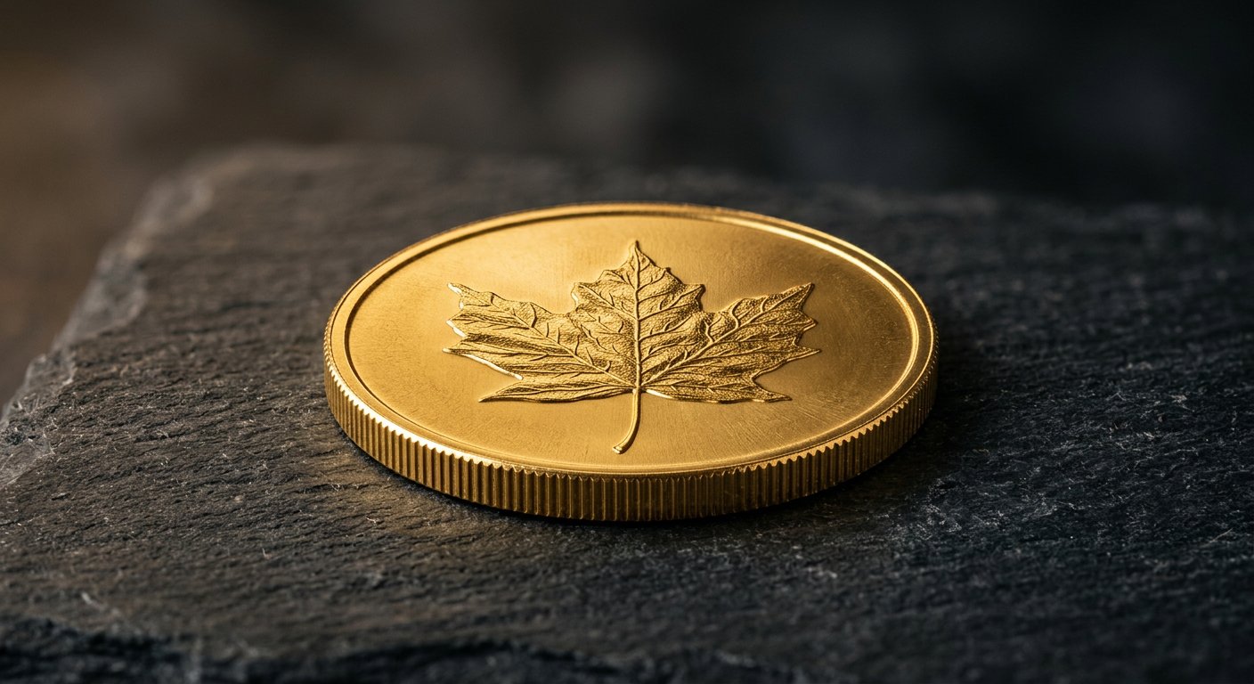 Illustrative render of 1 oz canadian gold maple leaf, not a photo of the exact product