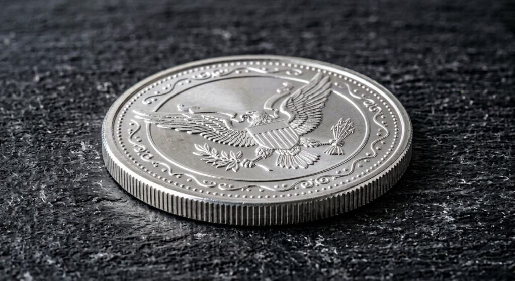 Illustrative render of golden state mint 2 oz incuse indian .999 silver round, not a photo of the exact product