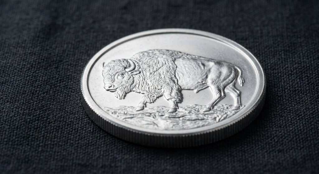Illustrative render of golden state mint 1 oz buffalo .999 silver round, not a photo of the exact product