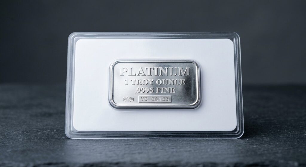 Illustrative render of pamp suisse 1 oz fortuna .9995 platinum bar, not a photo of the exact product