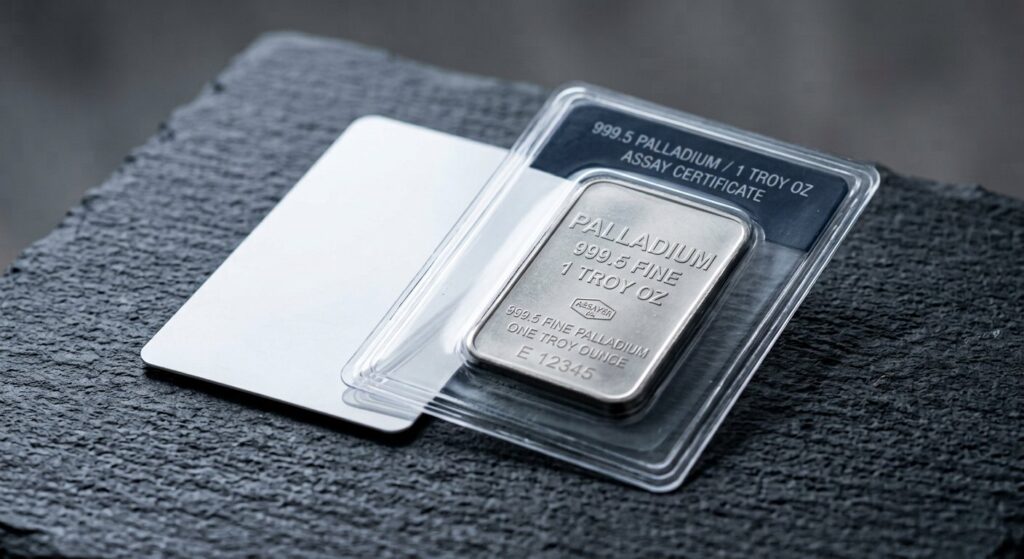 Illustrative render of argor-heraeus 1 oz .9995 palladium bar, not a photo of the exact product