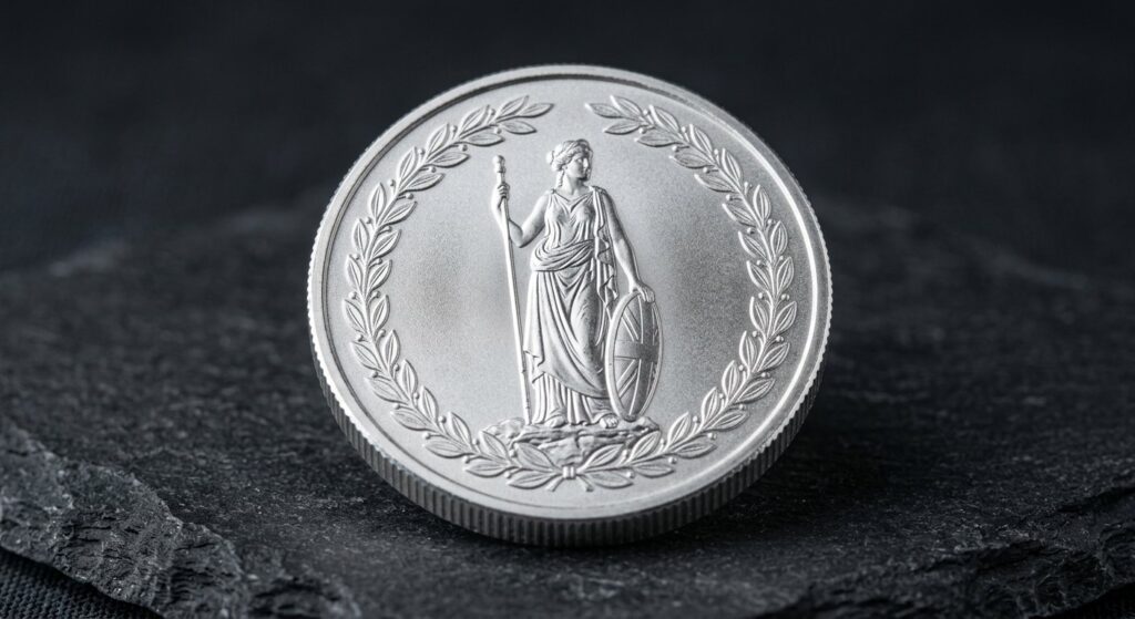 Illustrative render of 1 oz great britain silver britannia, not a photo of the exact product