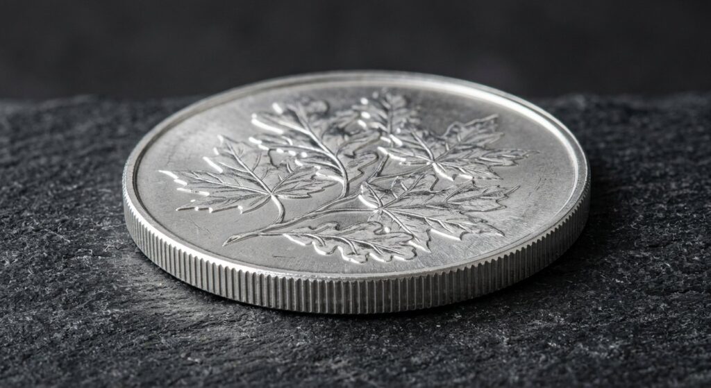 Illustrative render of 1 oz canadian silver maple leaf, not a photo of the exact product